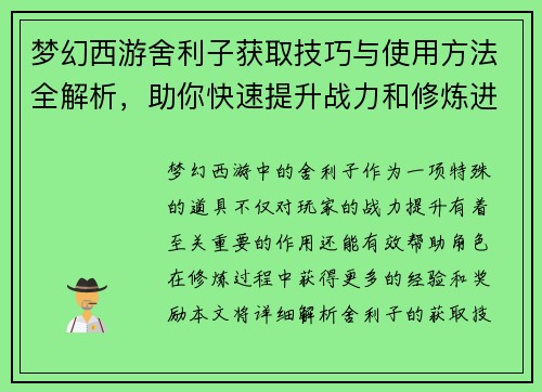 梦幻西游舍利子获取技巧与使用方法全解析，助你快速提升战力和修炼进度